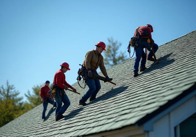 A team of professionals installing new asphalt shingles on a residential roof.